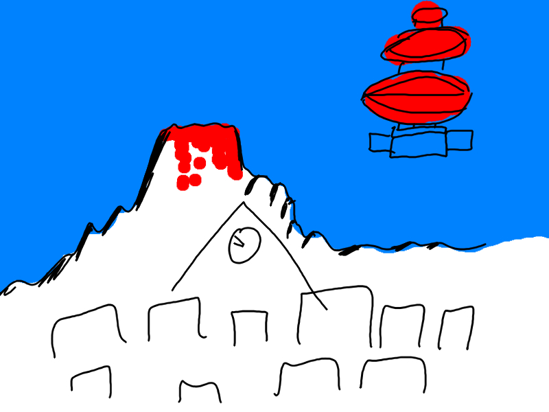 a sketch of an island with buildings, a clock, volcano, airship